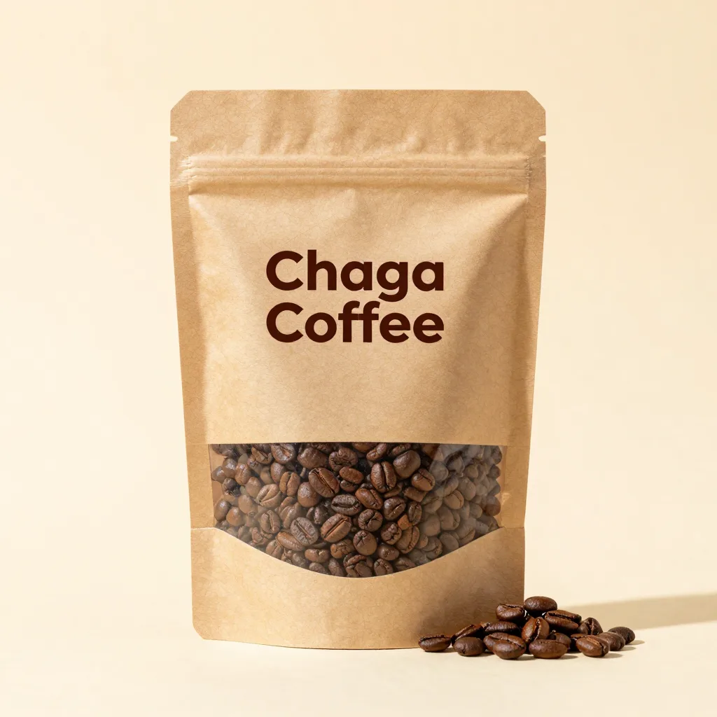 A pouch of chaga coffee on a light background
