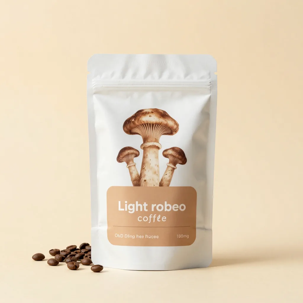 A pouch of light mushroom coffee on a light background