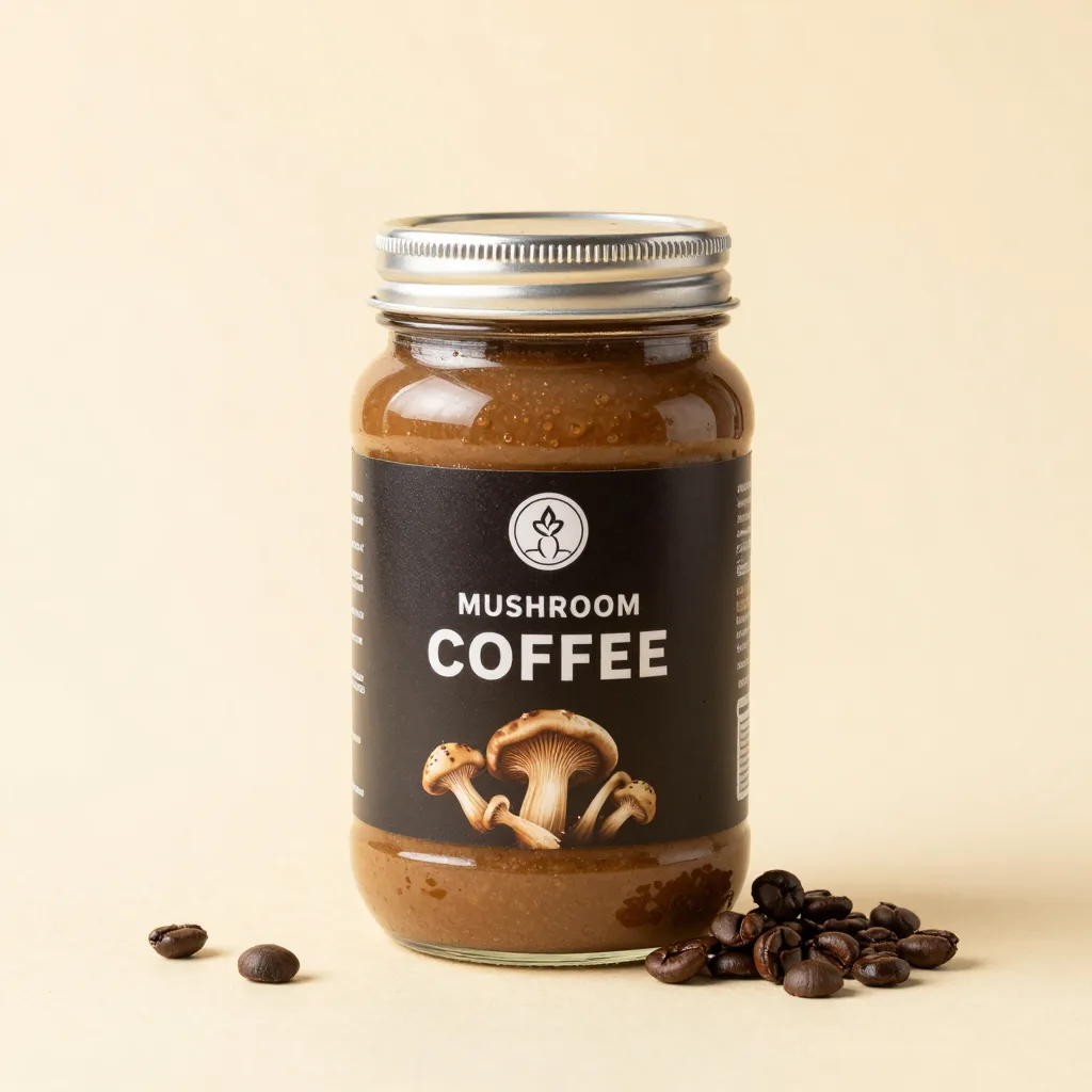 A jar of instant mushroom coffee on a light background