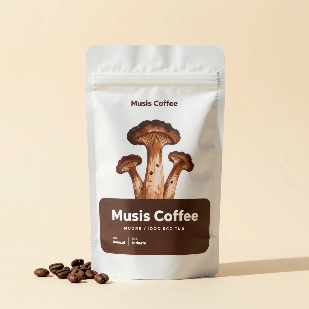 A pouch of dark mushroom coffee on a light background