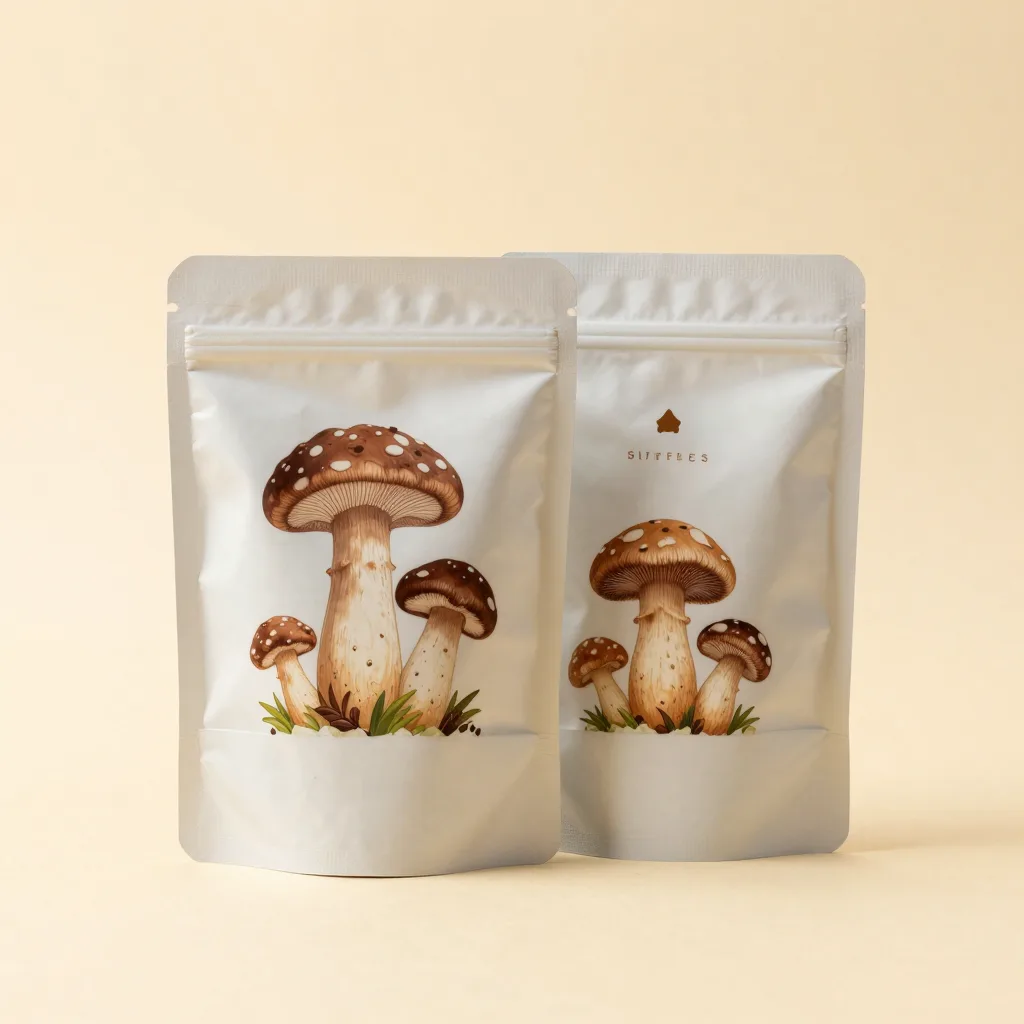 Two mushroom coffee pouches together on a light background