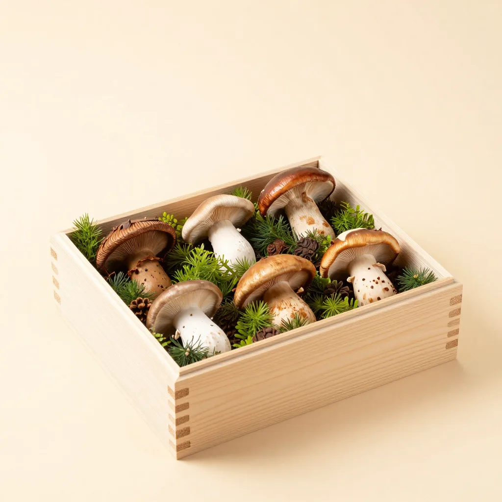 A forest gift set of mushroom coffees in a wooden box on a light background