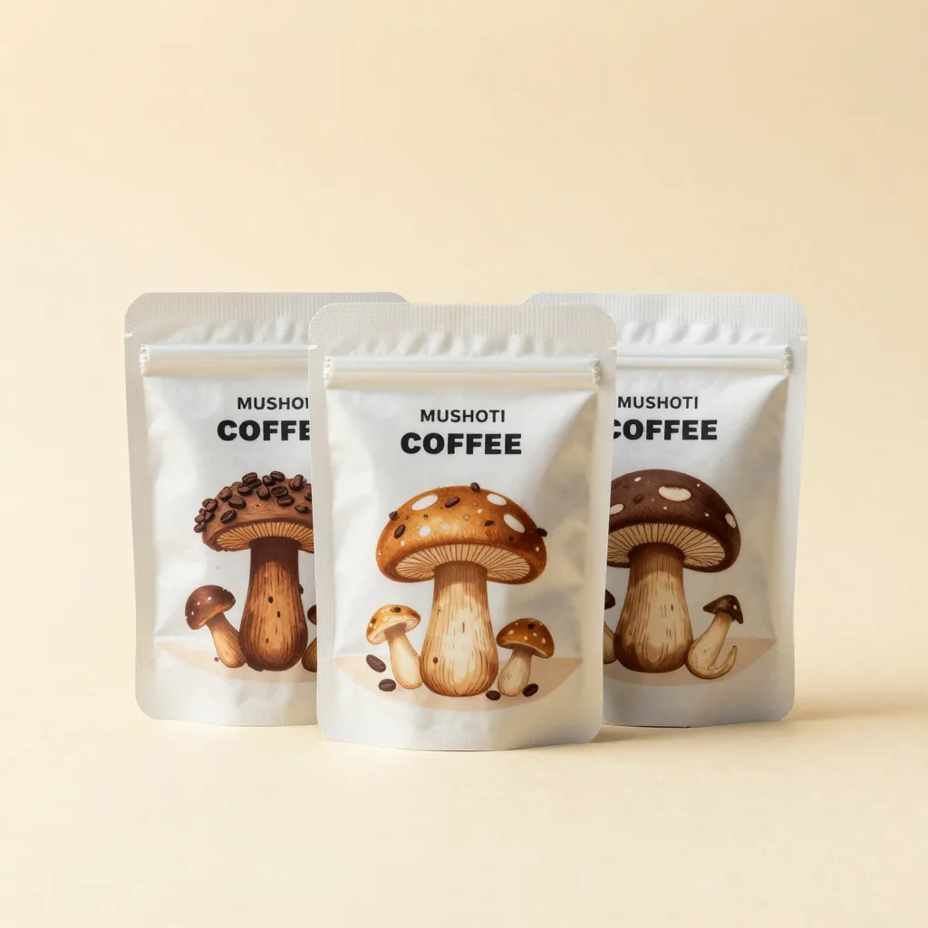A mushroom coffee sampler of three pouches on a light background